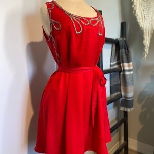 Red summer dress, belted at waist AKIRA